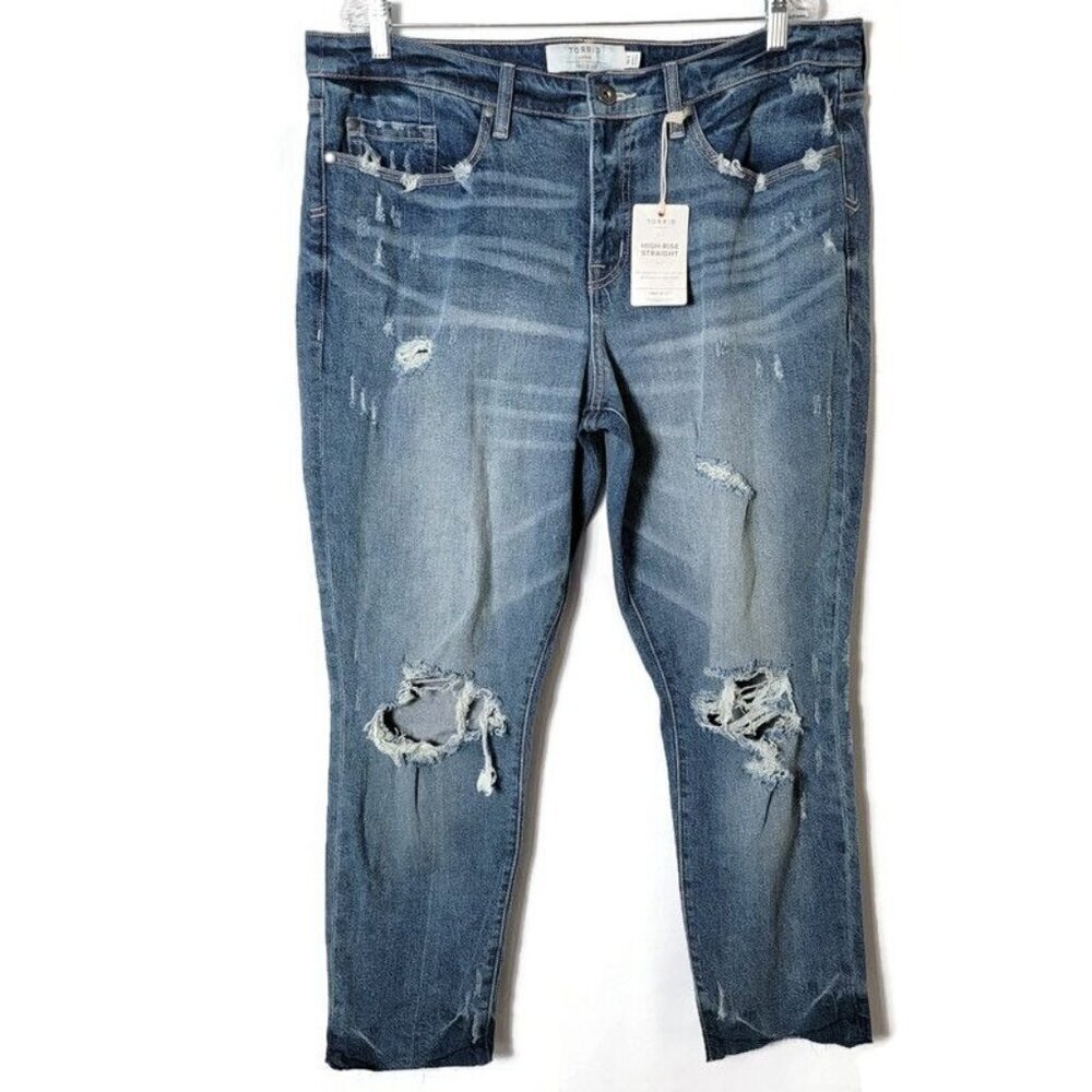 Torrid High Rise Straight Distressed Casual Blue Chill Denim Jeans 16T